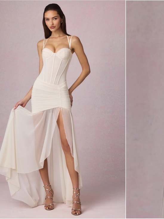 Oh Polly Dresses & Skirts - Oh Polly Haruna Ruched Asymmetric Corset Gown in Ivory Maxi dress with corset